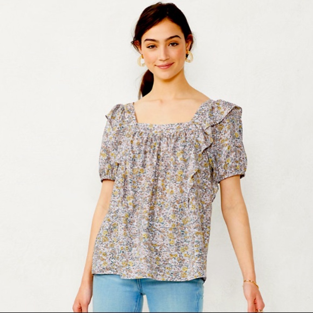 LC Lauren Conrad Ruffle Squareneck Short Sleeve Top